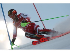 Austria's Marcel Hirscher competes during the first run of an alpine ski, men's World Cup slalom, in Levi, Finland, Sunday, Nov. 18, 2018.