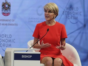 Australian MP Julie Bishop talks at the opening panel of the World Economic Forum Global Future Council in Dubai, United Arab Emirates, Sunday, Nov. 11, 2018. More than 700 delegates are attending which is the precursor to the World Economic Forum Annual Meeting in Davos, 22-25 January 2019.