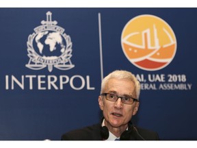 Jurgen Stock, Secretary General of Interpol, talks at a press conference during the opening day of 87th International Criminal Police Organisation (Interpol) General Assembly in Dubai, United Arab Emirates, Sunday, Nov. 18, 2018.