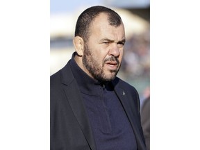 Australia coach Michael Cheika wait for the start of the rugby union international match between Italy and Australia at the Euganeo Stadium in Padua, Italy, Saturday, Nov. 17, 2018.