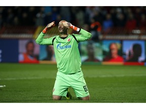 Red Star goalkeeper Milan Borjan celebrates after the Champions League group C soccer match between Red Star and Liverpool at Rajko Mitic stadium in Belgrade, Tuesday, Nov. 6, 2018. Red Star won 2-0.