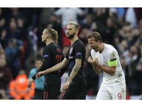 England's Harry Kane celebrates scoring his side's second goal during the UEFA Nations League soccer match between England and Croatia at Wembley stadium in London, Sunday, Nov. 18, 2018.