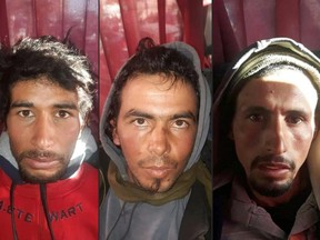 This combination of pictures created on December 20, 2018 shows Rachid Afatti (L), Ouziad Younes (C), and Ejjoud Abdessamad (R), three suspects in the grisly murder of two Scandinavian hikers whose bodies were found at a camp in Morocco's High Atlas mountains, in police custody following their arrest.