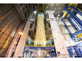 This Nov. 26, 2018 photo released by NASA, shows the 149-foot long tank which is part of the Space Launch System in Florida. NASA is moving a massive liquid hydrogen tank to Huntsville, Ala., for testing as part of its plans to eventually return to the moon.