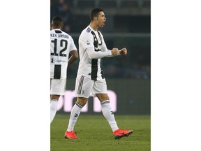 FILE - In this Wednesday,  Dec. 26, 2018 file photo, Juventus' Cristiano Ronaldo celebrates after scoring his side's second goal during the Serie A soccer match between Atalanta and Juventus in Bergamo, Italy. Ronaldo has come to the defense of Kalidou Koulibaly after the Napoli defender was the target of racist chants during a match at Inter Milan. Next to a photo of him being marked by Koulibaly during a match earlier this season, Ronaldo writes on Instagram, "In the world and in football there always needs to be education and respect. No to racism and to any sort of insult and discrimination!!!"