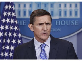 FILE - In this Feb. 1, 2017, file photo, then - National Security Adviser Michael Flynn speaks during the daily news briefing at the White House, in Washington. Flynn is relaxed and hopeful even as the possibility of prison looms when he's sentenced in the Russia probe Tuesday, Dec. 18, 2018. The retired three-star general pleaded guilty last year to lying to the FBI about conversations he had with the then-Russian ambassador to the U.S. during President Donald Trump's White House transition.