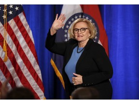 FILE - In this Nov. 6, 2018 file photo, Sen. Claire McCaskill, D-Mo., steps on stage to deliver a concession speech in St. Louis. In a farewell speech on the floor of the Senate, Thursday, Dec. 13, 2018, McCaskill said the Senate has lost its way due to political polarization and an unwillingness to take on tough issues. The two-term senator was defeated by Republican Josh Hawley in the November election.