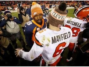 Cleveland Browns quarterback Baker Mayfield (6) greets Denver Broncos outside linebacker Von Miller (58) after an NFL football game, Saturday, Dec. 15, 2018, in Denver. The Browns won 17-16.