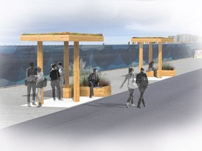 Students at the University of British Columbia are hoping to build bus shelters with environmental benefits. Tabinda Shah, a student behind the project, says that Vancouver is a very walkable city, but that hardly anyone wants to walk in it during the winter because of a lack of pedestrian shelter from the rain. An undated artist's concept handout image shows the proposed shelters and their intended use.