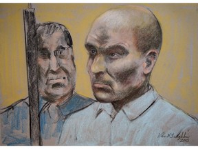 Bertrand Charest is seen on a court drawing during a bail hearing, on March 16, 2015 in St-Jerome, Que.