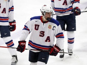 USA's Jack Hughes plays against Bowling Green in Plymouth, Mich., on November 21, 2018. Team USA coach Mike Hastings says he's waiting until game time on Monday before deciding whether injured forward Jack Hughes will be in the lineup against Finland in the final round-robin game of the world junior hockey championship. Hughes, touted to be a top pick in the 2019 NHL draft, has missed two games in a row with an undisclosed injury.