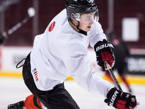 Canada forward Cody Glass takes a shot on goal during team practice for the IIHF World Junior Hockey Championships, in Vancouver on Tuesday, Dec. 25, 2018. Cody Glass has a specific role on Canada's junior hockey team and it's one he embraces.