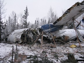 The wreckage of an aircraft is seen near Fond du Lac, Sask. on Thursday, December 14, 2017 in this handout photo. The Transportation Safety Board is preparing to release recommendations into a plane crash last year near a remote northern Saskatchewan community. The board will provide its suggestions Friday and says its investigation is still ongoing.