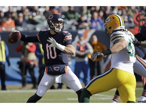 Chicago Bears quarterback Mitchell Trubisky (10) passes during the first half of an NFL football game against the Green Bay Packers Sunday, Dec. 16, 2018, in Chicago.