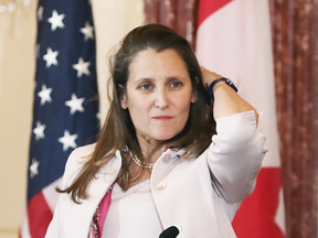 Foreign Affairs Minister Chrystia Freeland during a press conference with U.S. Secretary of State Mike Pompeo on Dec. 14, 2018.