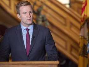 Former New Brunswick premier Brian Gallant announces his resignation as leader of the Liberal Party at the New Brunswick Legislature in Fredericton on Nov. 15.