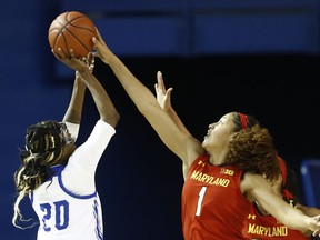 Maryland forward Shakira Austin, right, blocks a shot attempt by Delaware guard Jasmine Dickey in the first half of an NCAA college basketball game, Thursday, Dec. 20, 2018, in Newark, Del.