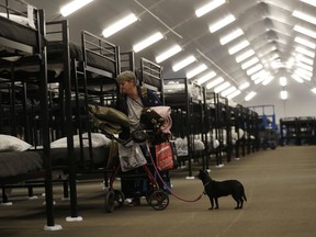 File - In this Dec. 1, 2017, file photo, Verna Vasbinder prepares her new bunk in the city's new Temporary Bridge Shelter for the homeless as her dog, Lucy Lui, looks on in San Diego. A new federal report says the number of people living on the streets in Los Angeles and San Diego, two epicenters of a West Coast homelessness crisis, fell this year, suggesting possible success in those cities' efforts to combat the problem. Homelessness overall was up slightly across the country, although the report did not provide a complete picture of the problem.