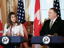 Canadian Minister of Foreign Affairs Chrystia Freeland and Secretary of State Mike Pompeo during a news conference at the State Department in Washington, Dec. 14, 2018.