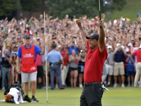 FILE - In this Sept. 23, 2018, file photo, Tiger Woods celebrates after on the 18th green after winning the Tour Championship golf tournament in Atlanta.