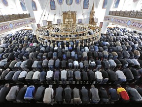 Muslims pray at a mosque in Duisburg, western Germany, on Sept. 10, 2010.