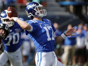 Duke quarterback Daniel Jones (17) sets to pass against Temple during the first half of the Independence Bowl, an NCAA college football game in Shreveport, La., Thursday, Dec. 27, 2018.