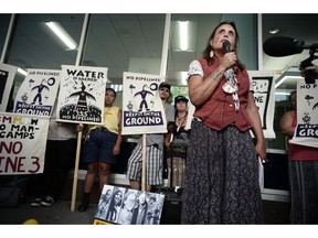 FILE - In this June 28, 2018, file photo, Winona LaDuke speaks out against the Line 3 decision in St. Paul, Minn. Opponents of Enbridge Energy's proposed Line 3 crude oil pipeline replacement are turning their attention to fighting the project on other fronts as a Minnesota regulatory panel prepares to take one of its final steps to allow it to proceed.