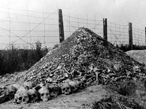 Russian troops liberating Poland discovered a pile of human bones and skulls in 1944 at Majdanek, the second largest Nazi death camp in Poland after Auschwitz.