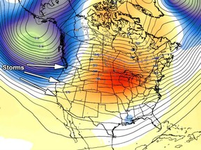 The map (where blue is low pressure and orange is high pressure) shows a giant gyre blasting storm after storm on the California coast.