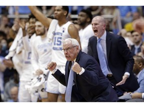 North Carolina head coach Roy Williams reacts during the second half of an NCAA college basketball game against Gonzaga in Chapel Hill, N.C., Saturday, Dec. 15, 2018. North Carolina won 103-90.