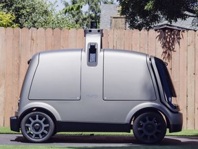 This undated image provided by The Kroger Co. shows an autonomous vehicle called the R1. Nuro and grocery chain Kroger are teaming up to bring unmanned delivery service to customers. The companies said Tuesday, Dec. 18, 2018, that Nuro's unmanned vehicle, the R1, will be added to a fleet of autonomous Prius vehicles that have run self-driving grocery delivery service in Scottsdale, Ariz., with vehicle operators since August.