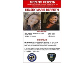 File - This missing person poster provided by the Woodland Park Police Department shows Kelsey Berreth. Police are offering a $25,000 reward for information leading to the whereabouts of Berreth, a Colorado woman who was last seen on Thanksgiving Day. (Woodland Park Police Department via AP, File)