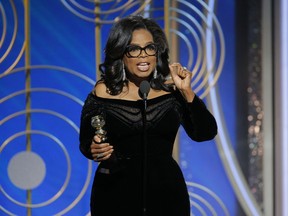This Jan. 7, 2018 image released by NBC shows Oprah Winfrey accepting the Cecil B. DeMille Award at the 75th Annual Golden Globe Awards in Beverly Hills, Calif. Winfrey's rousing call for social justice in the name of the MeToo movement drew wild cheers in the ballroom at the Golden Globes Awards in January and reverberated across the land.