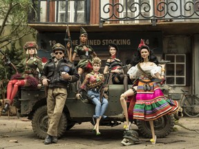 This image released by Universal Pictures shows the dolls of Marwen, from left, Anna, voiced by Gwendoline Christie, Cap'n Hogie, voiced by Steve Carell, GI Julie, voiced by Janelle Monáe, Roberta, voiced by Merritt Wever, Suzette, voiced by Leslie Zemeckis, and Carlala, voiced by Eiza Gonzalez, in "Welcome to Marwen."