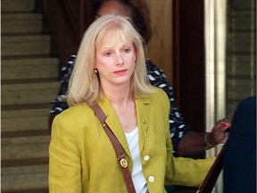 FILE - In this Sept. 11, 1996 file photo, Sondra Locke leaves court in Burbank, Calif., after opening statements in a civil suit against Locke's former live-in boyfriend, Clint Eastwood. The Oscar-nominated actress Locke has died. A death certificate obtained by The Associated Press shows Locke died Nov. 3, 2018, at age 74 at her home in Los Angeles of cardiac arrest stemming from breast and bone cancer.