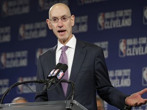 File-This Nov. 1, 2018 file photo shows, NBA Commissioner Adam Silver announcing that the Cleveland Cavaliers will host the 2022 NBA All Star game in Cleveland. Off the court the league is going through a lot of change. President Lisa Borders stepped down at the end of the season. The next two top executives also left during the course of the year, leaving a void at the top of the longest running professional women's sports league. "We're using a professional search firm," Silver said of finding the next president. "We had a lot of interest from people who know the league and contacted us directly and the search firm has a pretty significant pool of candidates."