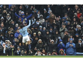 Manchester City's Raheem Sterling celebrates after scoring his sides third goal during the English Premier League soccer match between Manchester City and Everton at Etihad stadium in Manchester, England, Saturday, Dec. 15, 2018.