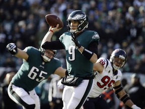 Philadelphia Eagles' Nick Foles passes during the first half of an NFL football game against the Houston Texans, Sunday, Dec. 23, 2018, in Philadelphia.