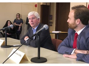 Michigan Gov. Rick Snyder, a Republican, speaks with reporters about his eight-year tenure and the Legislature's lame-duck session on Tuesday, Dec. 11, 2018, at his offices in Lansing, Mich. He did not tip his hand when asked about GOP-backed lame-duck legislation to dilute the authority of Democrats taking over top offices in January. He said he is not a "horse-trader" who will sign bills he may not like in exchange for getting his priorities enacted, and his bottom line is whether bills are good for residents.