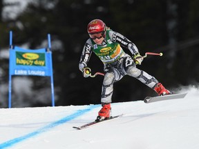 Ester Ledecka of the Czech Republic skis Claire's Corner during the Audi FIS Alpine Ski World Cup 2019 Women's Super-G final at the Lake Louise ski resort in Alberta, Canada on December 2, 2018.