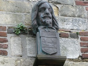A bust of explorer Samuel de Champlain on a wall near the old port of Honfleur. The father of New France left from this ancient port en route to Quebec.