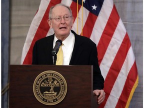 U.S. Sen. Lamar Alexander, R-Tenn., speaks at the unveiling of the official portrait of Tennessee Gov. Bill Haslam, Monday, Dec. 17, 2018, in Nashville, Tenn. Alexander said Monday he is not running for re-election in 2020.