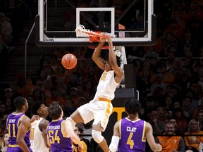 Tennessee Yves Pons (35) dunks the ball against Tennessee Tech in the second half of an NCAA college basketball game Saturday, Dec. 29, 2018, in Knoxville, Tenn.