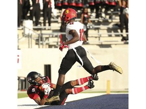 Valdosta State wide receiver Lio'undre Gallimore (6) scores a touchdown against Ferris State  cornerback Adrian Green (12) during the first quarter of the NCAA Division II National Championship  in McKinney, Texas on Saturday, Dec. 15, 2018.