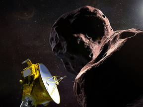 An artist's illustration shows the New Horizons spacecraft encountering Ultima Thule, a Kuiper Belt object that orbits one billion miles beyond Pluto.