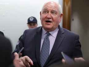 FILE - In this April 11, 2018, file photo, Agriculture Secretary Sonny Perdue speaks with reporters on Capitol Hill in Washington. The Trump administration is setting out to accomplish what this year's farm bill didn't: Tighten work requirements for millions of Americans who receive federal food assistance.