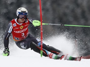 Norway's Henrik Kristoffersen speeds down the course during a ski World Cup men's Slalom race, in Saalbach-Hinterglemm, Austria, Thursday, Dec. 20, 2018.