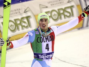 Switzerland's Daniel Yule arrives at finish area during the second round of a ski World Cup Men's Slalom, in Madonna Di Campiglio, Italy, Saturday, Dec. 22, 2018.