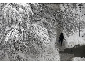 A woman walks through a snow covered park in Belgrade, Serbia, Monday, Dec. 17, 2018. Serbia and neighboring countries have been blanketed with snow in the past few days, which has slowed down traffic, disrupted power supplies and blocked access to some remote villages.
