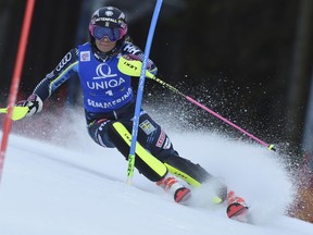 Sweden's Frida Hansdotter competes during the first run of an Alpine ski, women's World Cup slalom in Semmering, Austria, Saturday, Dec. 29, 2018.